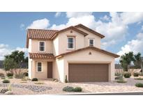 Charming two-story home featuring a tile roof, a two-car garage, and low-maintenance desert landscaping at 9849 Angel Valley Dr, Las Vegas, NV 89178