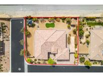 An aerial view of a single Gathering home featuring a landscaped backyard with a gazebo and artificial turf at 9731 Addie Meadow Ct, Las Vegas, NV 89149