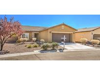 Charming single-story home with desert landscaping, a two-car garage, and a lovely tree in the front yard at 4399 Luciano Ave, Pahrump, NV 89061