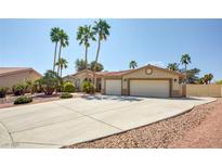 Charming single-story home with palm trees and a large driveway leading to a two-car garage at 5217 Cold River Ave, Las Vegas, NV 89130