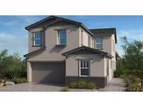 Two-story home showcasing a neutral palette, complemented by dark gray roofing and an attached two-car garage at 91 Tardando Ave, Henderson, NV 89015