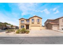Inviting two-story home showcasing neutral color scheme, neat landscaping, and ample driveway parking at 824 Bussora Rose Dr, Henderson, NV 89015