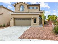 Charming two-story home showcasing a well-maintained lawn and a neutral color palette at 10393 Trailing Dalea Ave, Las Vegas, NV 89135
