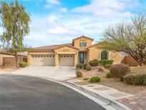 Charming one-story home with a well-manicured lawn, three-car garage, and beautiful desert landscaping at 6982 Mirkwood Ave, Las Vegas, NV 89178