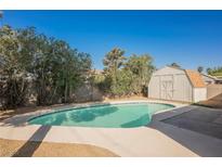 Backyard pool with a storage shed surrounded by lush green landscaping creating a relaxing outdoor space at 10 Yew Ave, Las Vegas, NV 89110