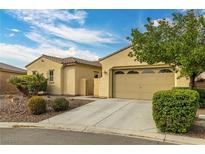 Beige single-story home with a two-car garage, low-maintenance landscaping, and a paved driveway at 5300 E La Terra Ave, Pahrump, NV 89061