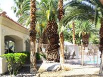 Community pool surrounded by lush palms and a wrought iron fence, offering a tranquil oasis at 6480 Annie Oakley Dr # 111, Las Vegas, NV 89120