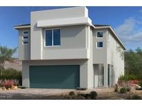 Modern two-story home with a gray exterior, a two-car garage, and professionally landscaped yard at 9997 River Corral St, Las Vegas, NV 89166