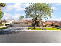 Charming single-story home featuring a well-maintained front yard, mature trees, and a spacious three-car garage at 4176 Skywalker Ave, Las Vegas, NV 89120