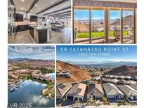 Listing collage showcasing aerial views of the community along with the kitchen and outdoor space at 56 Tatahatso Point St, Henderson, NV 89011