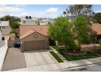 Charming single-story home featuring a well-manicured front yard, mature trees, and a two-car garage at 619 Ancient Mayan Dr, Henderson, NV 89015