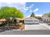 Charming single-story home with a well-manicured front yard, large shade tree, and three-car garage at 3221 Palmdesert Way, Las Vegas, NV 89120