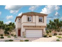 Two-story home features a two-car garage, stone accents, neutral stucco exterior, and low-maintenance desert landscaping at 6519 Dove Point Pl, Las Vegas, NV 89130