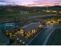 Stunning aerial view of home featuring water, golf, and mountain views, plus close proximity to the strip at 91 Alta Cascata Pl, Henderson, NV 89011