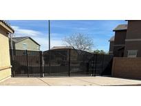 Secure driveway featuring a sturdy black metal privacy gate and houses in the background, ensuring privacy at 1197 Bear Head St, Henderson, NV 89011