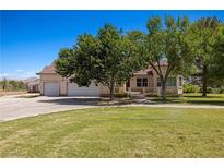 Charming home featuring a large front lawn, mature trees, and a three-car garage at 1470 St Joseph St, Overton, NV 89040