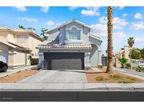 Charming two-story home featuring a gray garage door, a well-manicured lawn and blue sky background at 5950 Pacific Shores Dr, Las Vegas, NV 89142