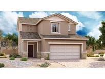 Charming two-story home with a two-car garage, neutral paint, stone accents, and low maintenance desert landscaping at 3437 Cromford Dr, North Las Vegas, NV 89081