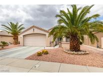 Charming single-story home featuring desert landscaping, complemented by mature palm trees and a two-car garage at 2164 Eagle Sticks Dr, Henderson, NV 89012