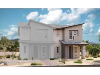 Contemporary two-story home featuring stone accents and desert landscaping against a picturesque mountain backdrop at 604 Celebratory Pl, Henderson, NV 89011