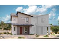 Charming two-story home featuring a red door, stone accents, and desert landscaping at 838 Cottonwood Hill Pl, Henderson, NV 89011