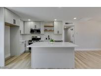 Bright kitchen featuring an island, stainless steel appliances, and sleek gray cabinetry at 6100 Fawn Cir, Las Vegas, NV 89107