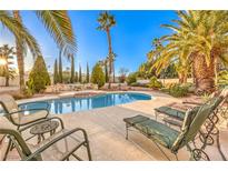 Lounge by the pool in this backyard oasis with palm trees and comfortable patio furniture at 4471 Borrego Springs Way, Las Vegas, NV 89129