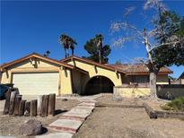 Charming single-story home with well-maintained landscaping, a private front yard, and a two car garage at 710 Greenway Rd, Henderson, NV 89002