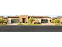 Modern home featuring a stone accent wall, black framed garage doors, and manicured landscaping at 11152 San Terrazo Pl, Las Vegas, NV 89141