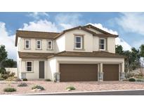 Charming two-story home boasts a three-car garage, neutral color scheme, and low maintenance desert landscaping at 9820 Blazek Bluff Ave, Las Vegas, NV 89178