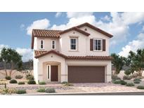 Charming two-story home showcasing a brown tile roof, neutral stucco, and a two-car garage at 9873 Angel Valley Dr, Las Vegas, NV 89178
