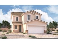Charming two-story home boasts a neutral palette and a convenient two-car garage, plus desert landscaping at 9885 Angel Valley Dr, Las Vegas, NV 89178