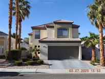 Charming two-story home featuring a two-car garage and meticulously landscaped front yard with mature palm trees at 7840 Millhopper Ave, Las Vegas, NV 89128