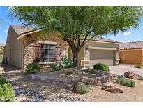 Charming single-story home featuring stone accents, desert landscaping, and a well-maintained front yard with mature shade tree at 1561 Campfire Ln, Mesquite, NV 89034