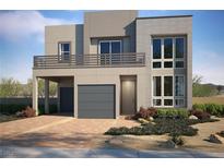 Contemporary two-story home featuring a balcony, two-car garage, modern front door and desert landscaping at 1801 Flycatch St, Las Vegas, NV 89138