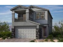 Two-story home with gray siding, a balcony, a two-car garage, and stone accents at 167 Silver Run Ln, Las Vegas, NV 89138