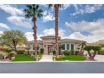 Charming single-story home featuring lush landscaping with beautiful palm trees and manicured greenery at 11527 Morning Grove Dr, Las Vegas, NV 89135