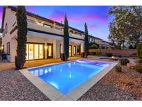 Backyard pool with stone trim, landscaped area and outdoor fireplace in luxury backyard at 10668 Porta Romana Ct, Las Vegas, NV 89141