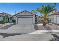 Charming single-story home with a well-maintained yard, a palm tree, and a two-car garage at 1060 Neil Armstrong Cir, Las Vegas, NV 89145