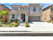 Two-story home with neutral stucco, tiled roof, landscaped yard, and a two-car garage at 7545 Fontera Ct, Las Vegas, NV 89139