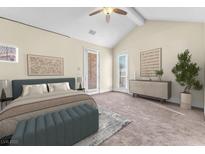 Spacious bedroom with vaulted ceilings, ensuite bathroom, and private balcony access at 1 Corte Belleza, Henderson, NV 89011
