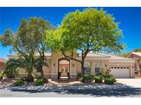 Charming single-story home featuring mature landscaping and a welcoming front entrance with a beautiful arched entryway at 10573 Bambola Pl, Las Vegas, NV 89135