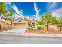 Charming single-story home features a well-maintained front yard with desert landscaping and a two-car garage at 10720 Sky Meadows Ave, Las Vegas, NV 89134