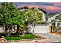 Charming two-story home with a well-maintained front yard, mature trees, and a two-car garage at 7429 Fencerow St, Las Vegas, NV 89131