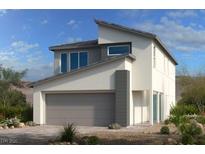 Two-story home showcasing modern architecture with neutral tones, clean lines, and large windows under a bright sky at 10315 Water Knot Ave, Las Vegas, NV 89166