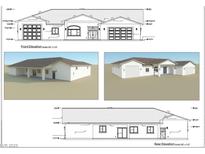 Front and rear elevation drawing of single-story home with attached garages, shows roofline and overall structure at 1760 Omaha Ave, Pahrump, NV 89048
