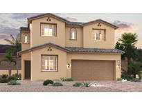 Two-story tan home featuring a gray roof, desert landscaping, and a two car garage at 878 Lorden St, Henderson, NV 89011