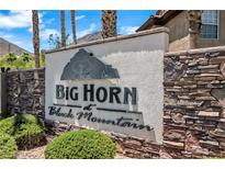 Stone community sign for Big Horn at Black Mountain with desert landscaping at 231 W Horizon Ridge Pkwy # 1228, Henderson, NV 89012