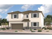 Charming two-story home with beige stucco, neutral shutters, a two-car garage, and desert landscaping at 9804 Blazek Bluff Ave, Las Vegas, NV 89178