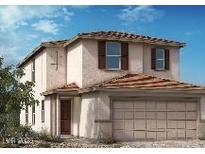 Charming two-story home featuring stucco siding, brown shutters, and a tile roof at 9649 Hinson St, Las Vegas, NV 89139